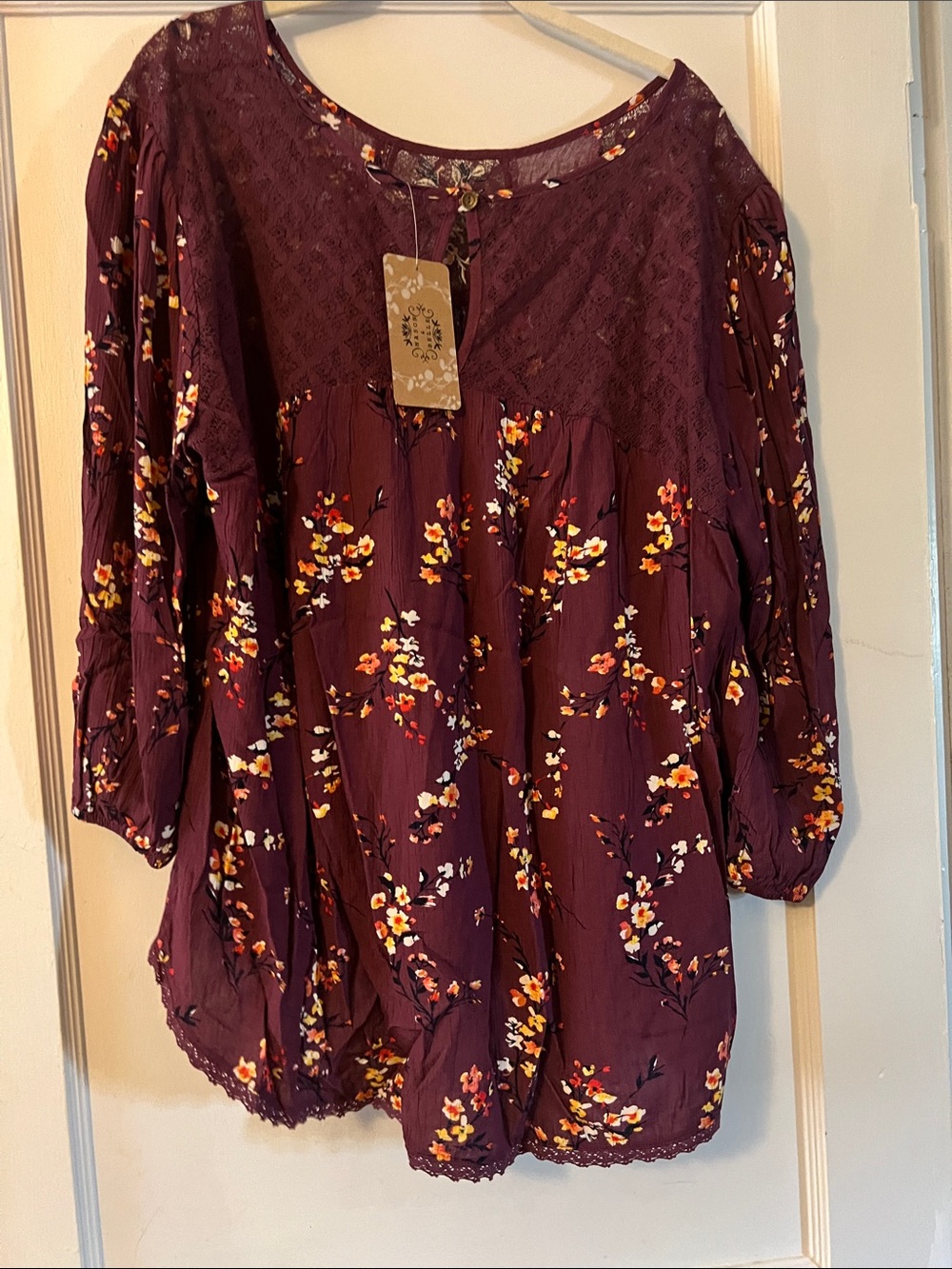 Mason Burgundy Floral Lace-Yoke Tunic